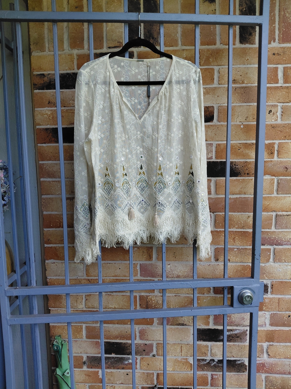 Elie Tahari Cream Lace Fringe Blouse with Multicolor Embroidery
